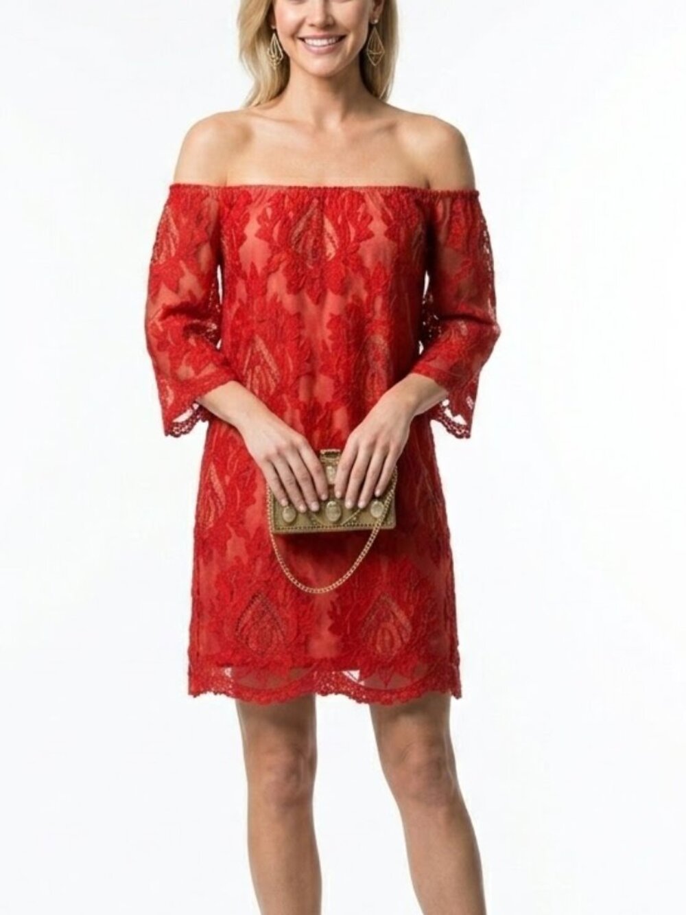 STOREE Red Romantic Goth Damask Lace Off-Shoulder Mini Dress Sz M